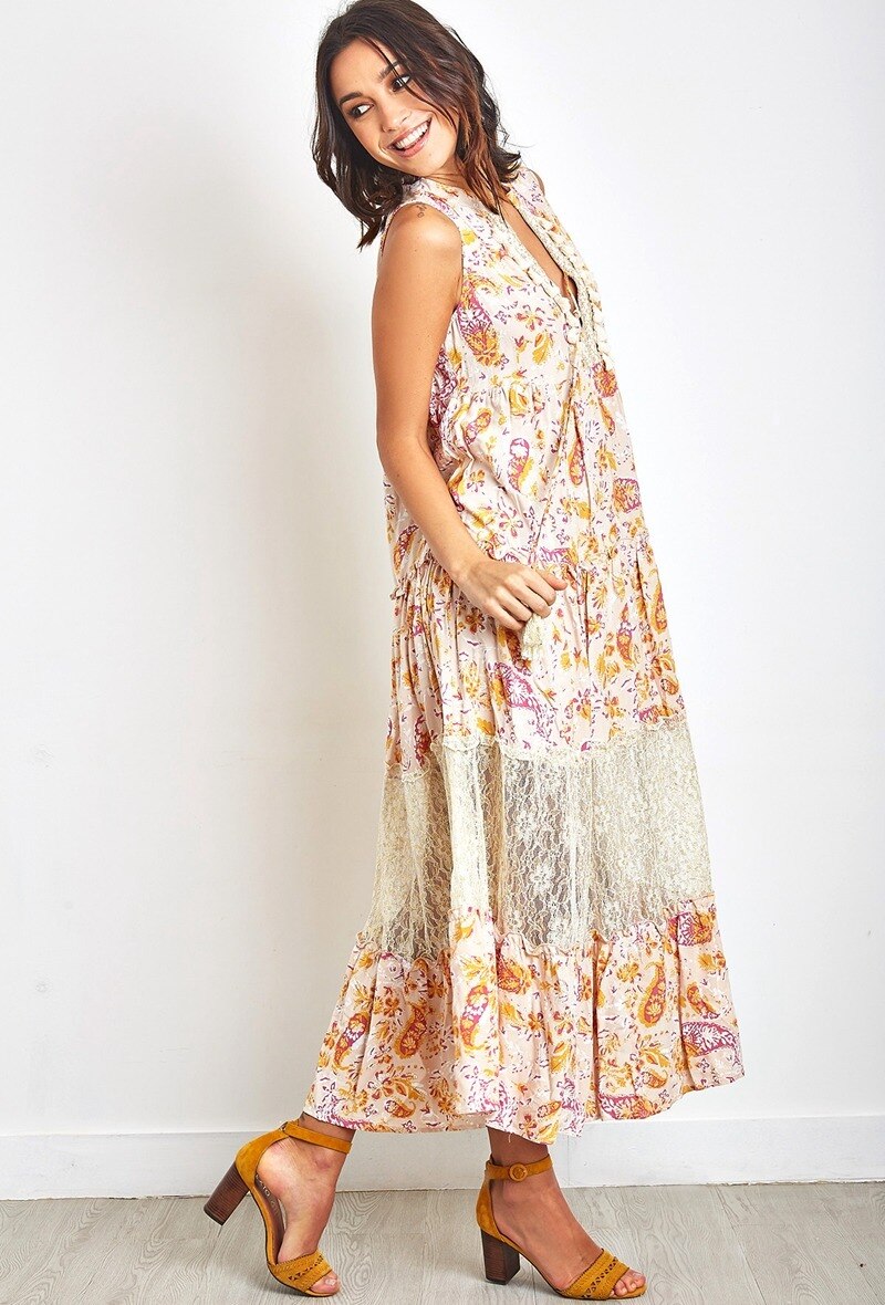 Vestido largo de estampado bohemio con pompones y encaje - Beige - 2 - formato grande