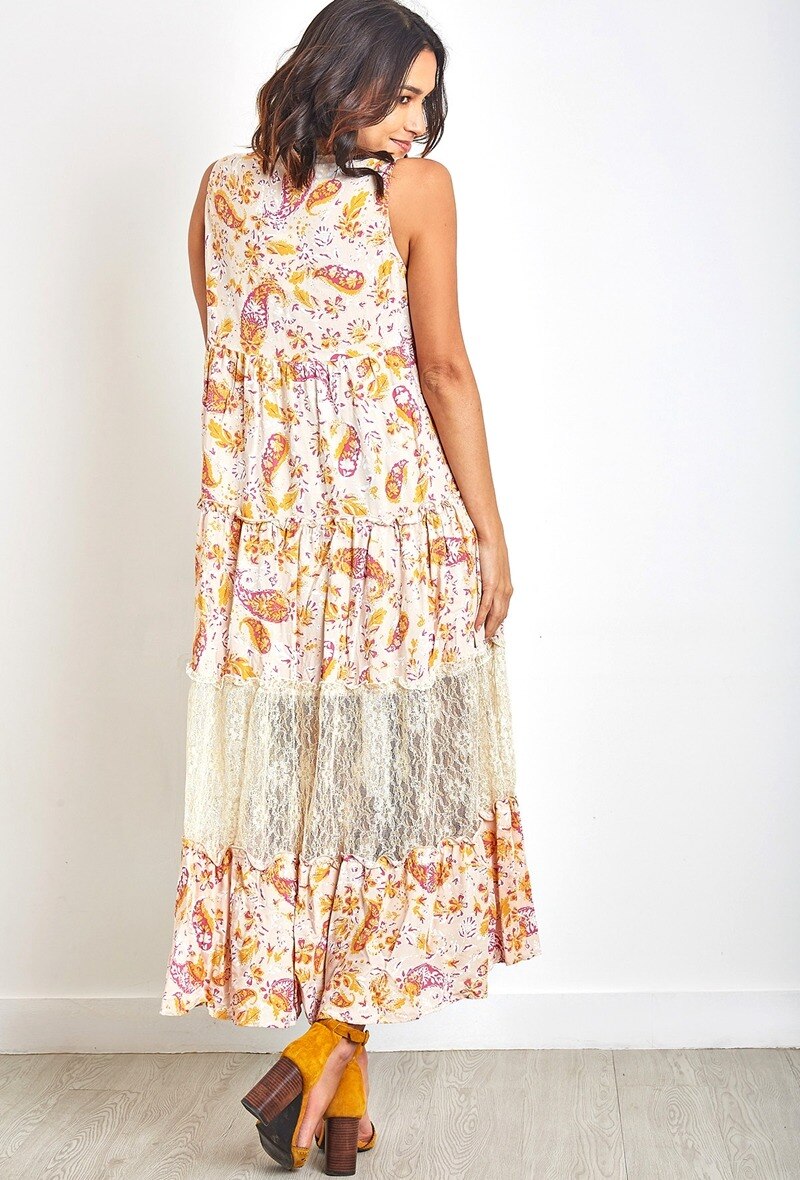 Vestido largo de estampado bohemio con pompones y encaje - Beige 4 - miniatura