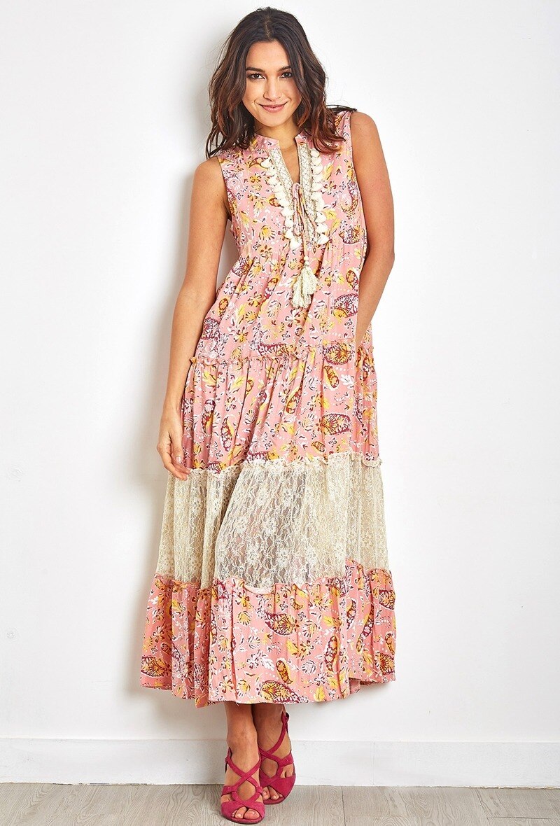 Vestido largo de estampado bohemio con pompones y encaje - Sombra de rosa - 1 - formato grande