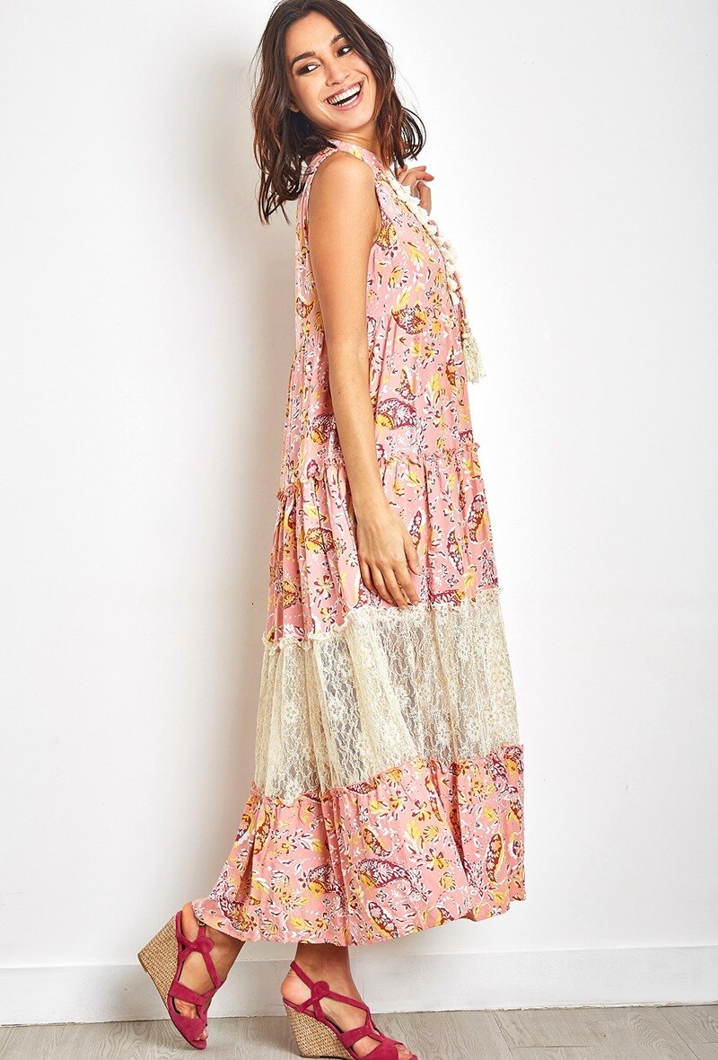 Vestido largo de estampado bohemio con pompones y encaje - Sombra de rosa - 2 - formato grande