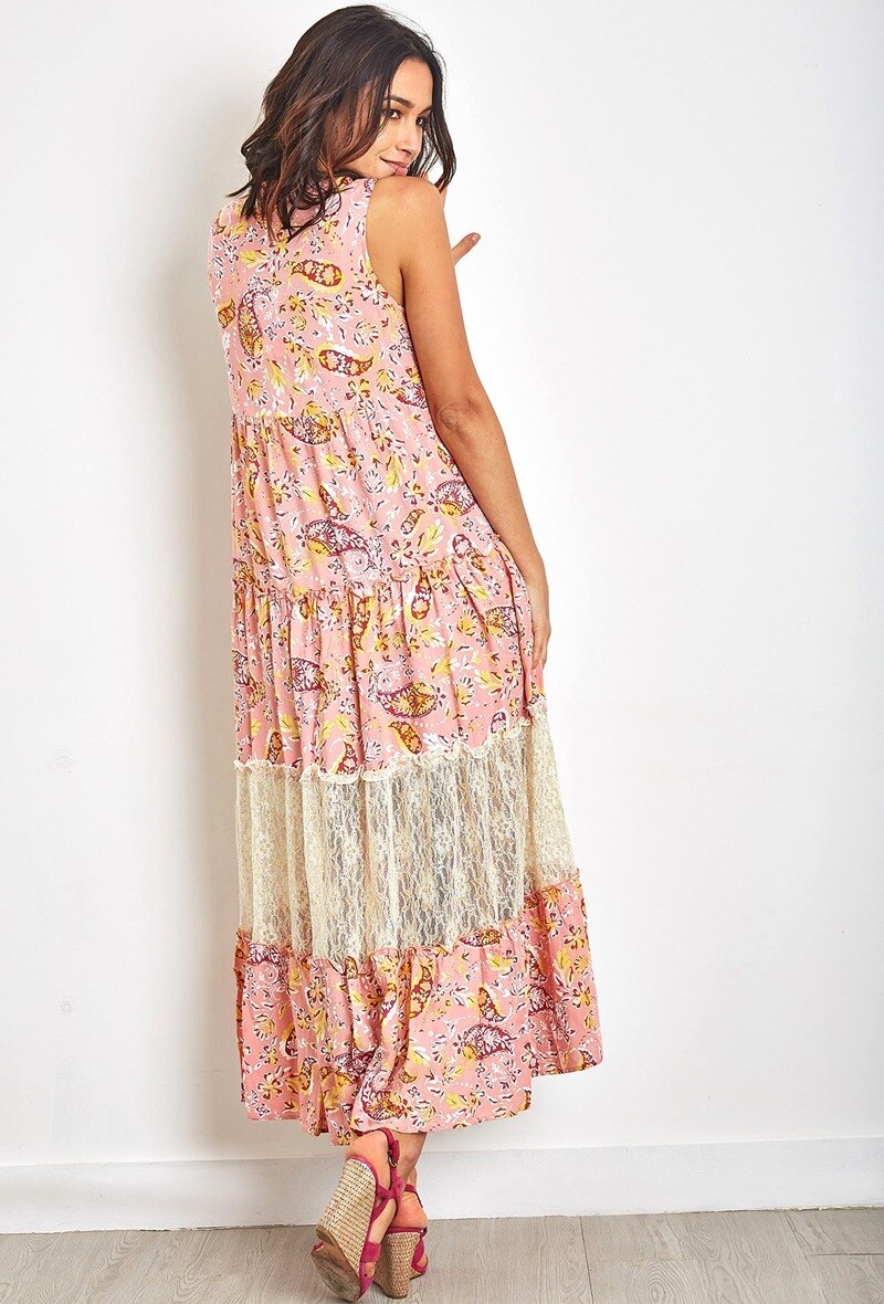 Vestido largo de estampado bohemio con pompones y encaje - Sombra de rosa - 4 - formato grande