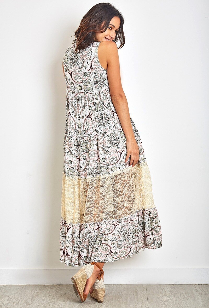 Vestido largo de estampado bohemio con pompones y encaje - Oliva - 3 - formato grande