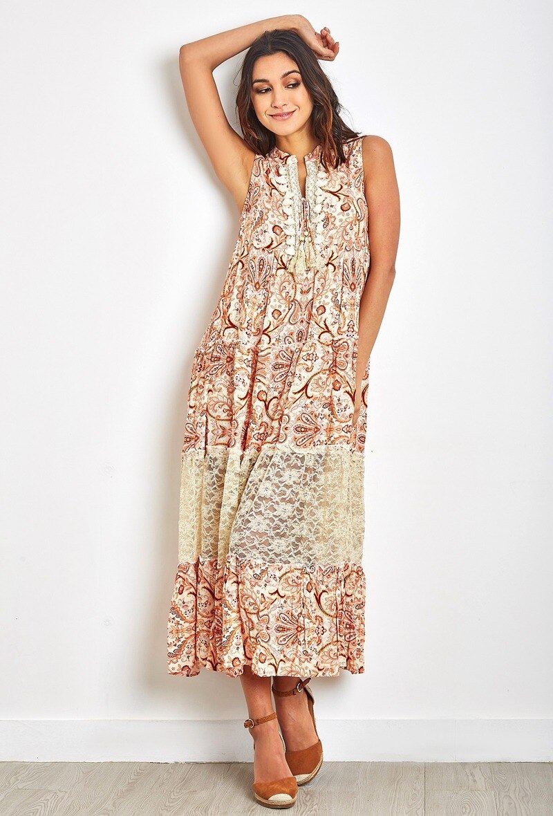 Mayorista LAST QUEEN OUTLET - Vestido largo de estampado bohemio con pompones y encaje