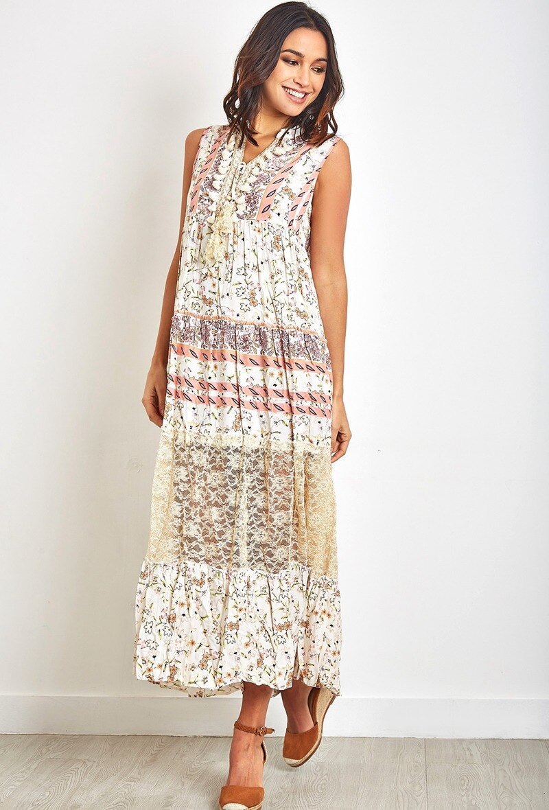Vestido largo de estampado bohemio con pompones y encaje - Beige - 1 - formato grande