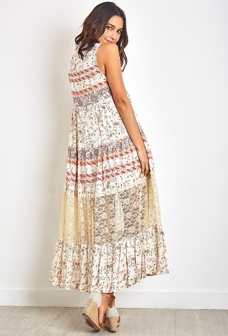 Vestido largo de estampado bohemio con pompones y encaje - Beige - 3 - formato grande