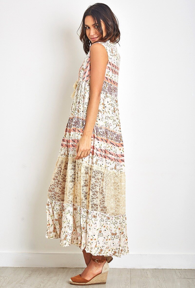 Vestido largo de estampado bohemio con pompones y encaje - Beige - 4 - formato grande