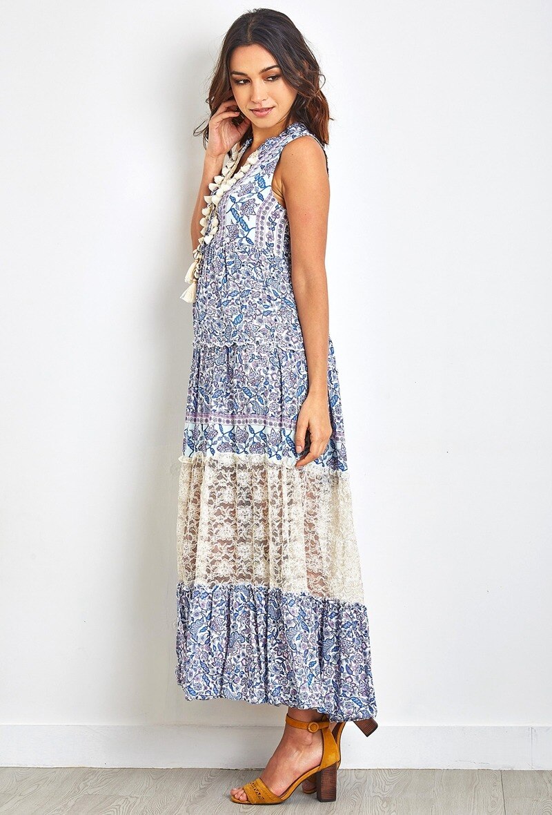 Vestido largo de estampado bohemio con pompones y encaje - Blanco - 2 - formato grande