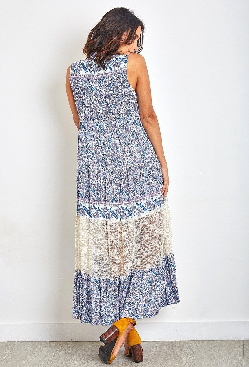 Vestido largo de estampado bohemio con pompones y encaje - Blanco 3 - miniatura