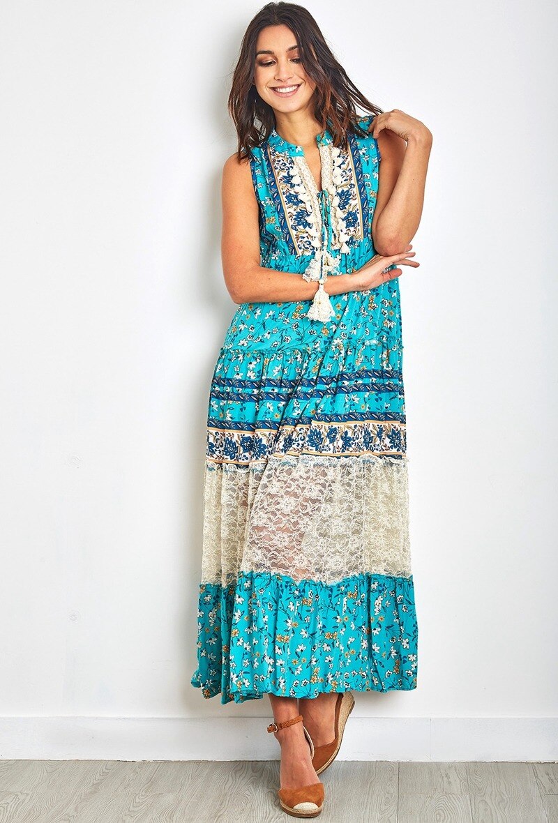 Vestido largo de estampado bohemio con pompones y encaje - Azul real - 1 - formato grande