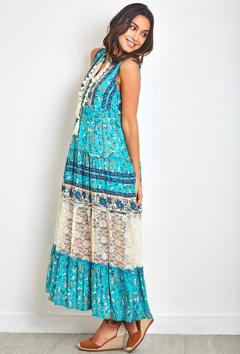 Vestido largo de estampado bohemio con pompones y encaje - Azul real - 2 - formato grande