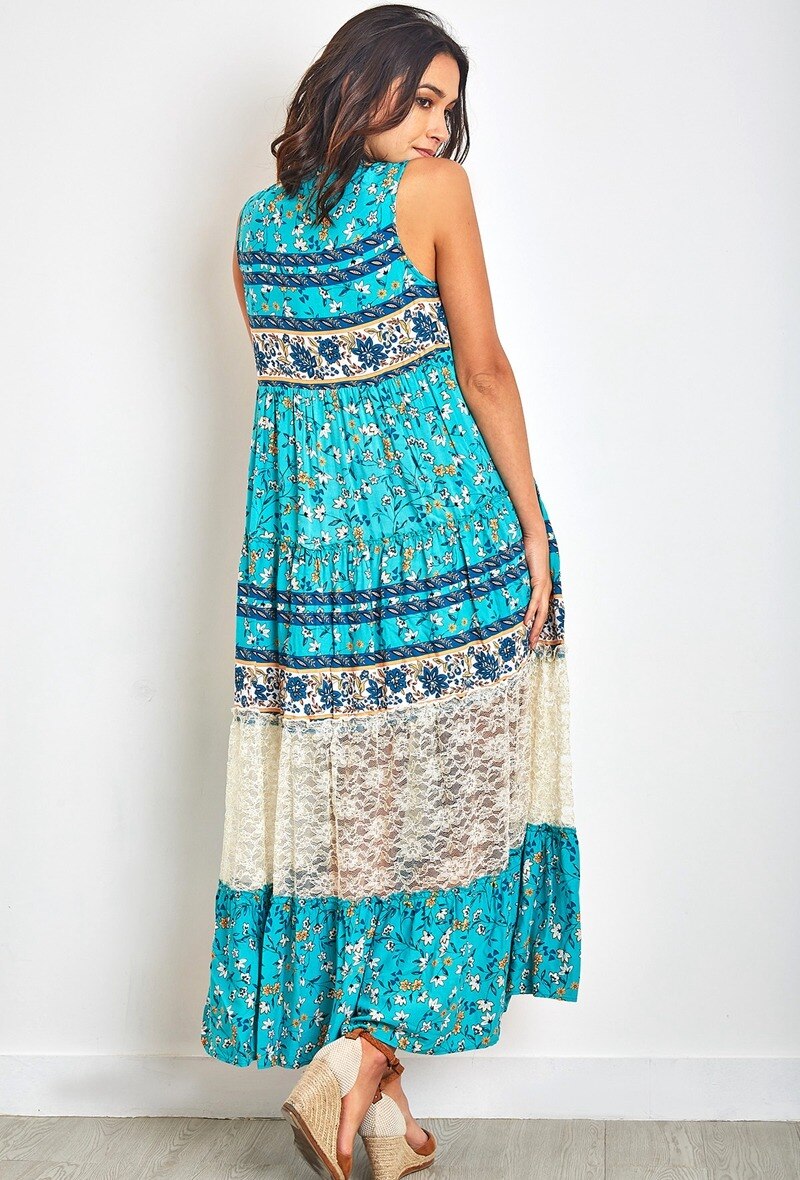 Vestido largo de estampado bohemio con pompones y encaje - Azul real 3 - miniatura