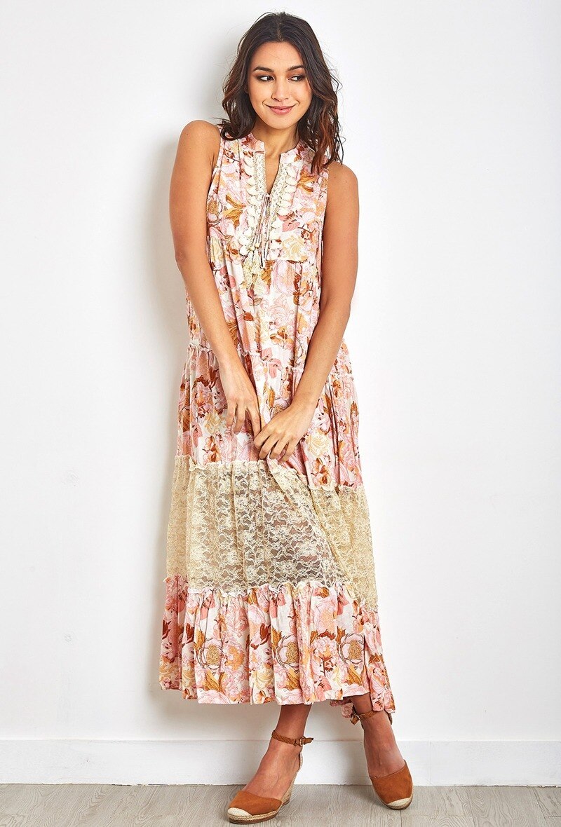 Mayorista LAST QUEEN OUTLET - Vestido largo de estampado bohemio con pompones y encaje