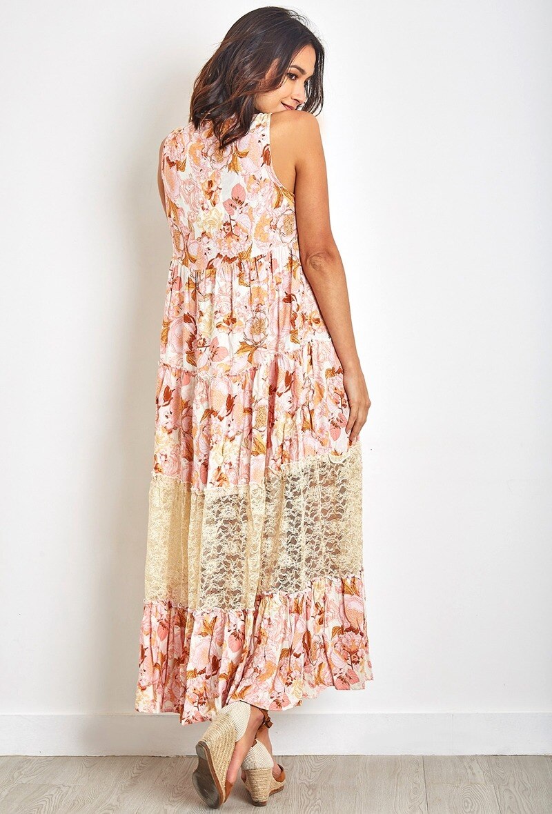 Vestido largo de estampado bohemio con pompones y encaje - Sombra de rosa - 2 - formato grande
