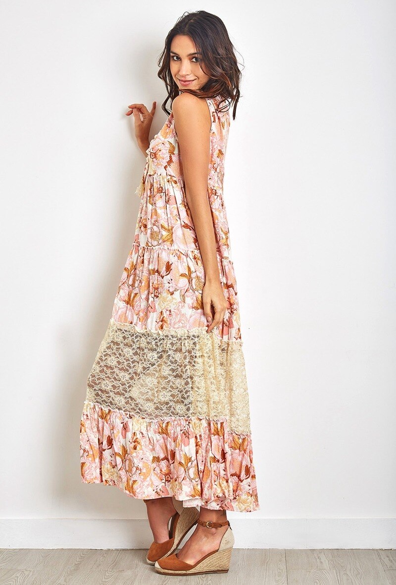 Vestido largo de estampado bohemio con pompones y encaje - Sombra de rosa - 3 - formato grande