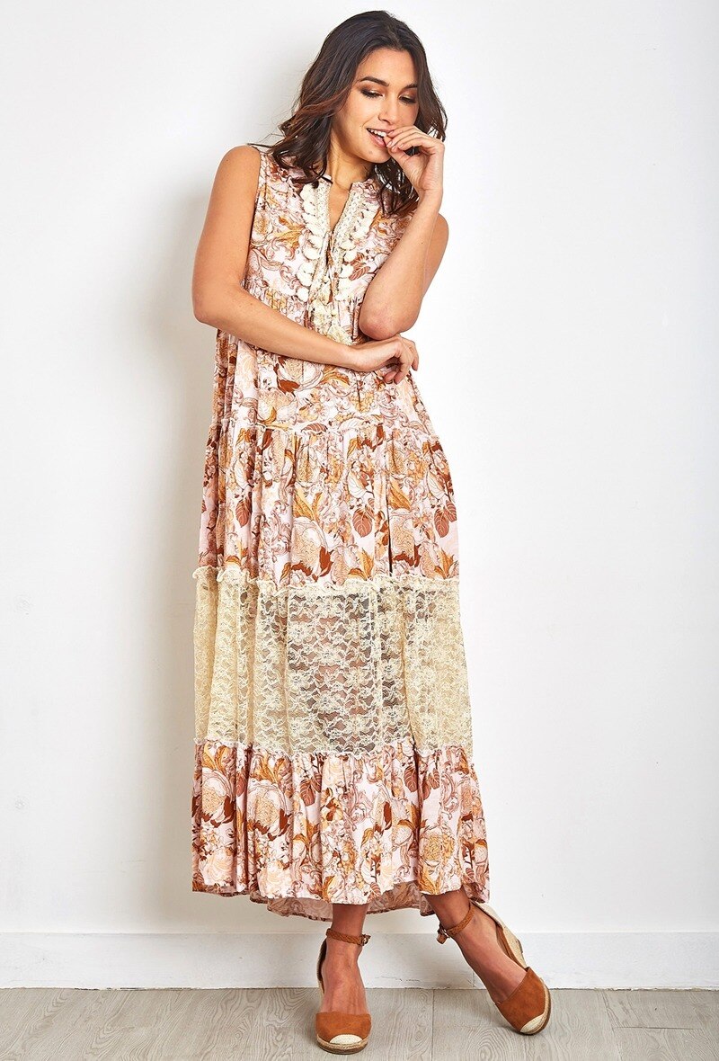 Vestido largo de estampado bohemio con pompones y encaje - Caramelo - 1 - formato grande