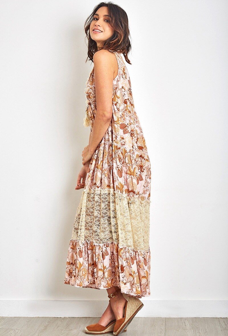 Vestido largo de estampado bohemio con pompones y encaje - Caramelo - 2 - formato grande