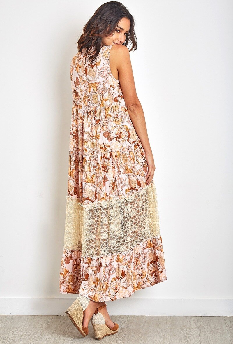 Vestido largo de estampado bohemio con pompones y encaje - Caramelo - 3 - formato grande