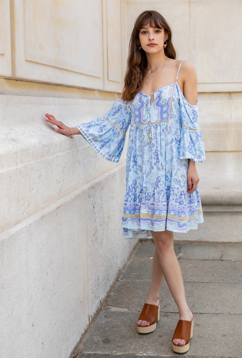 Vestido largo con estampado bohemio con pompones - Cielo azul - 1 - formato grande