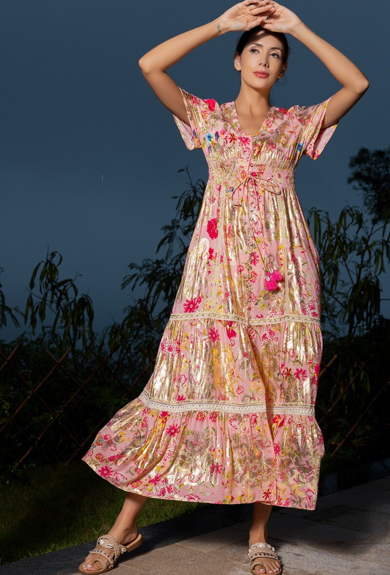 Wholesaler Last Queen - Floral print lace button dress with gold effect