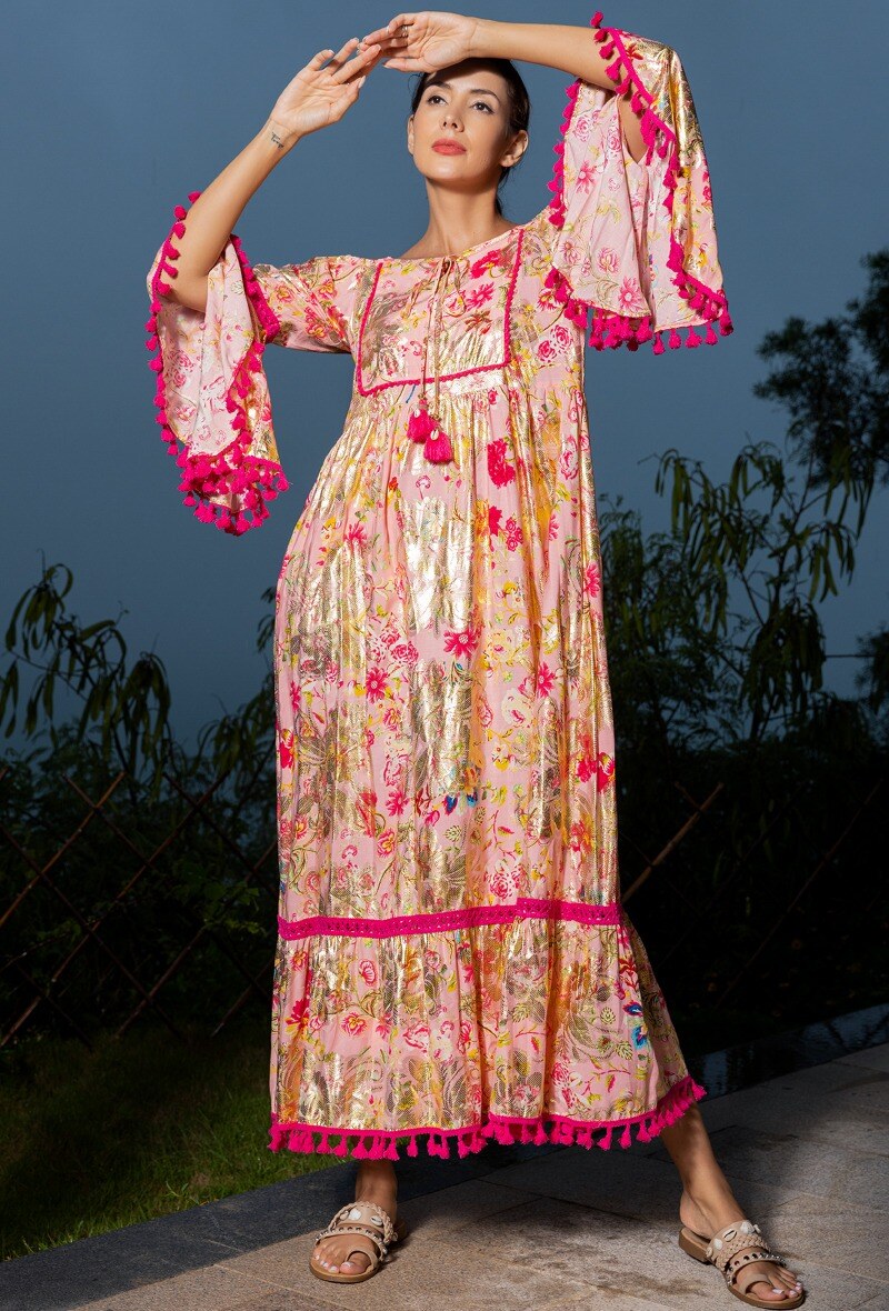 Wholesaler Last Queen - Floral Spaghetti Strap Dress with Ruffle Knot Pompom with Gold Effect