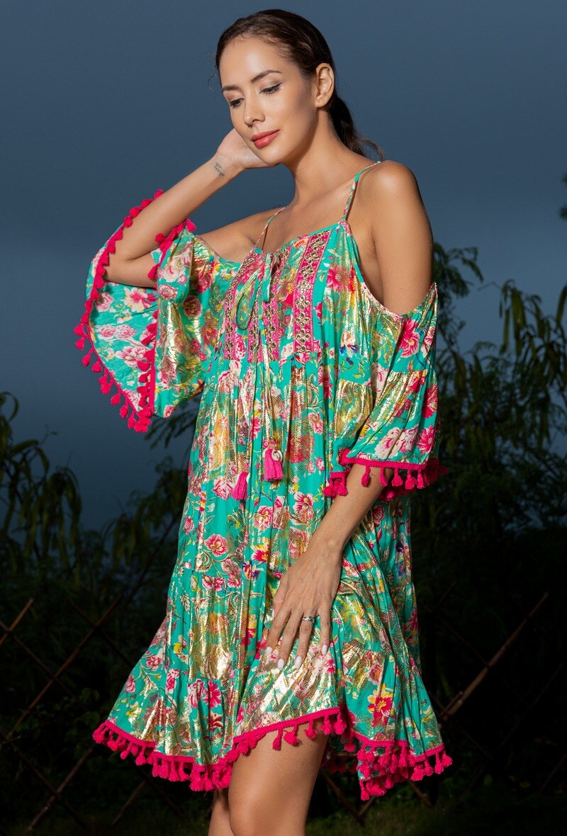 Wholesaler Last Queen - Floral print ruffled tassel bow dress with gold effect