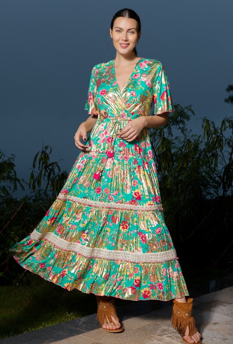 Wholesaler Last Queen - Floral print lace belted dress with gold effect