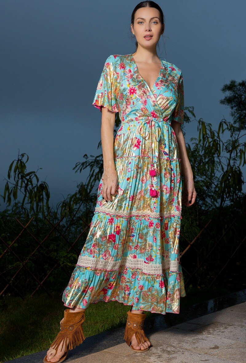 Wholesaler Last Queen - Floral print lace belted dress with gold effect