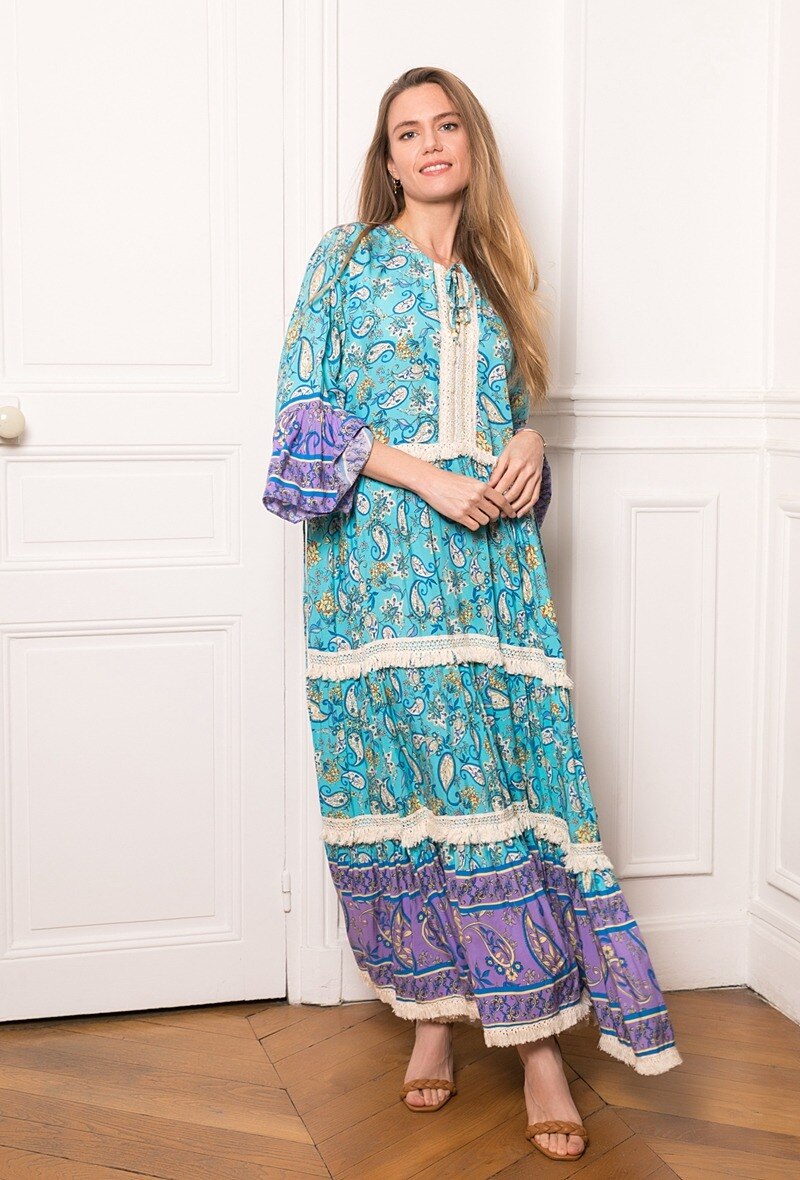 Mayorista LAST QUEEN OUTLET - Vestido holgado con estampado de encaje y mangas acampanadas