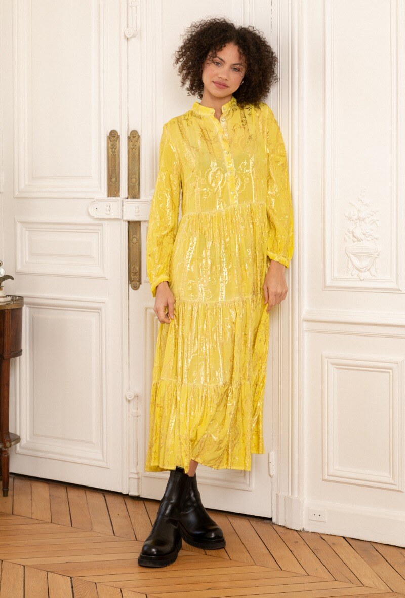 Großhändler Last Queen - Locker geschnittenes langes Kleid mit Raffungen, bedruckt mit Goldeffekt