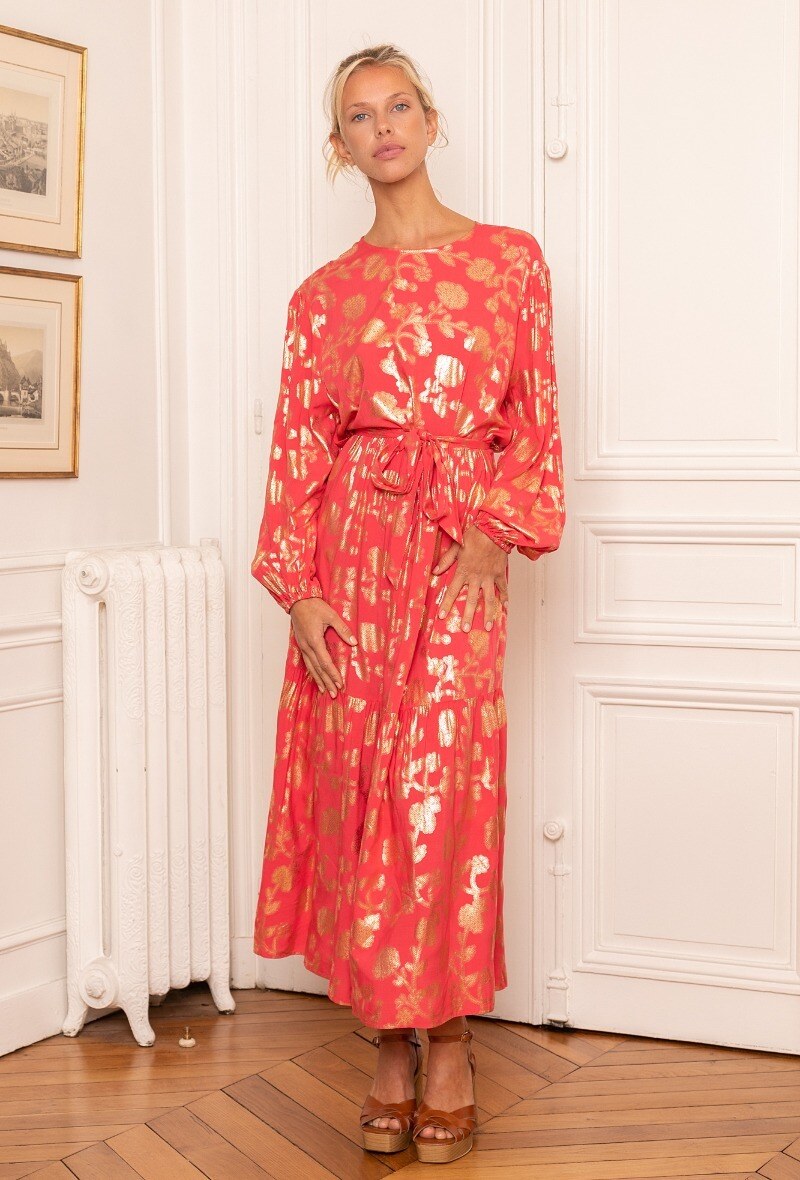Großhändler Last Queen - Kleid mit Gürtel, Puffärmeln und Goldeffekt
