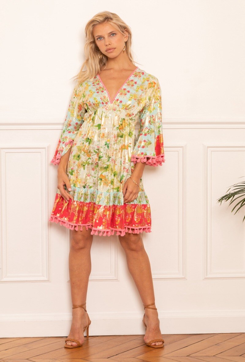 Grossista Last Queen - Tunica con scollo a V e nappe con stampa floreale e effetto dorato