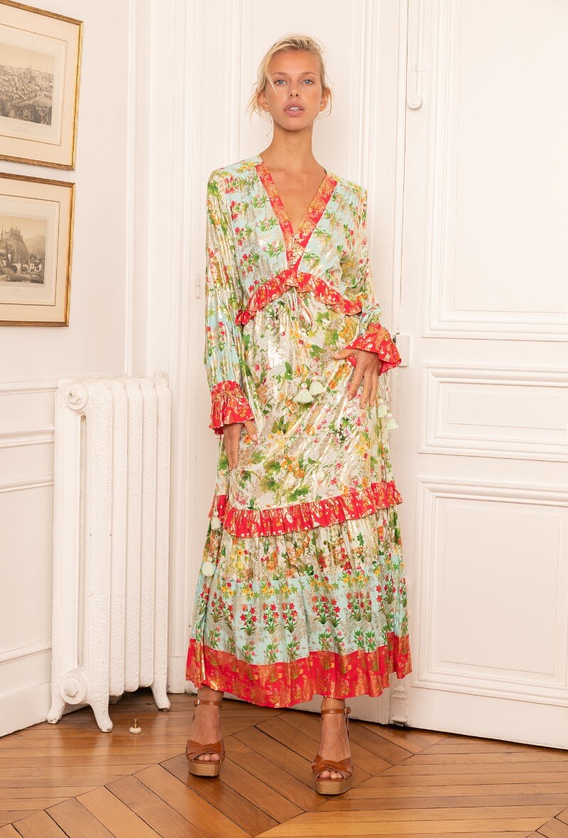 Grossista Last Queen - Abito stampato boho con volant e coulisse con pompon con effetto dorato