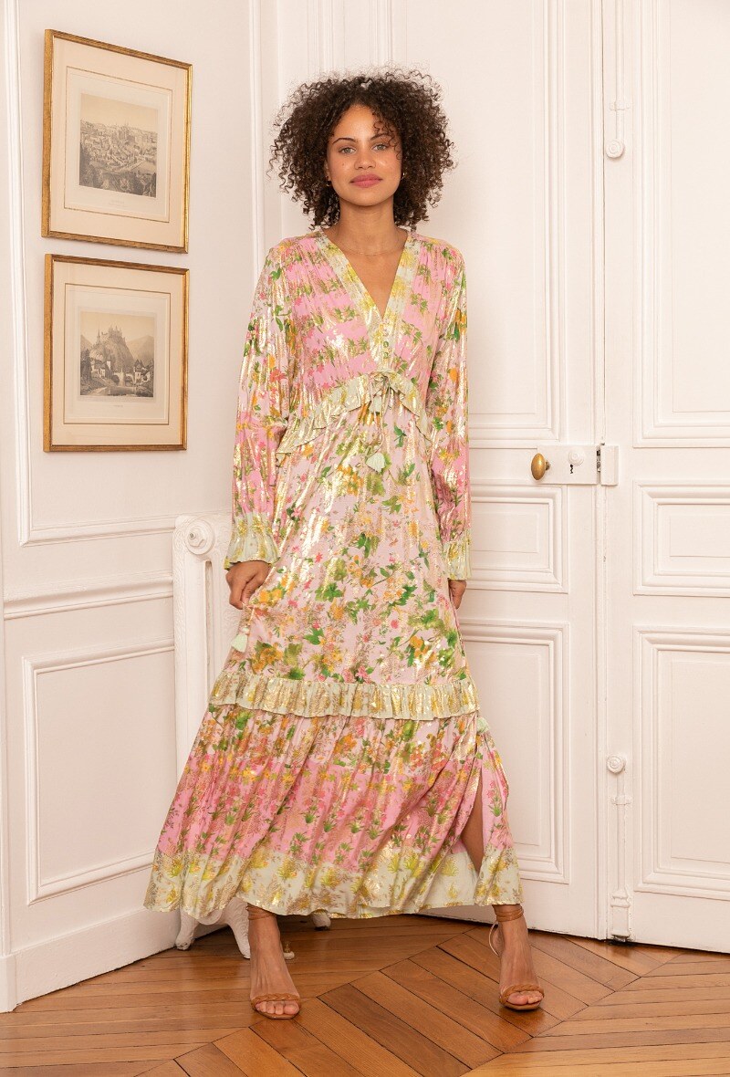 Grossista Last Queen - Abito stampato boho con volant e coulisse con pompon con effetto dorato