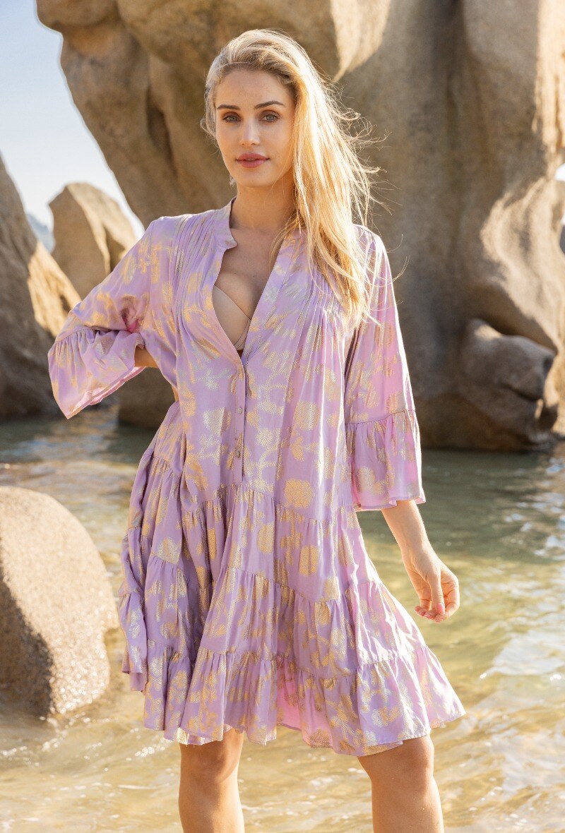 Mayorista Last Queen - Vestido túnica acampanado con escote en pico estampado con efecto dorado