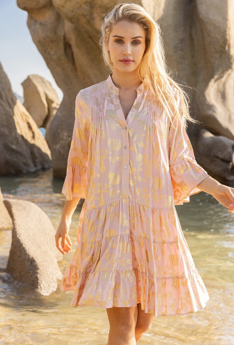 Mayorista Last Queen - Vestido túnica acampanado con escote en pico estampado con efecto dorado