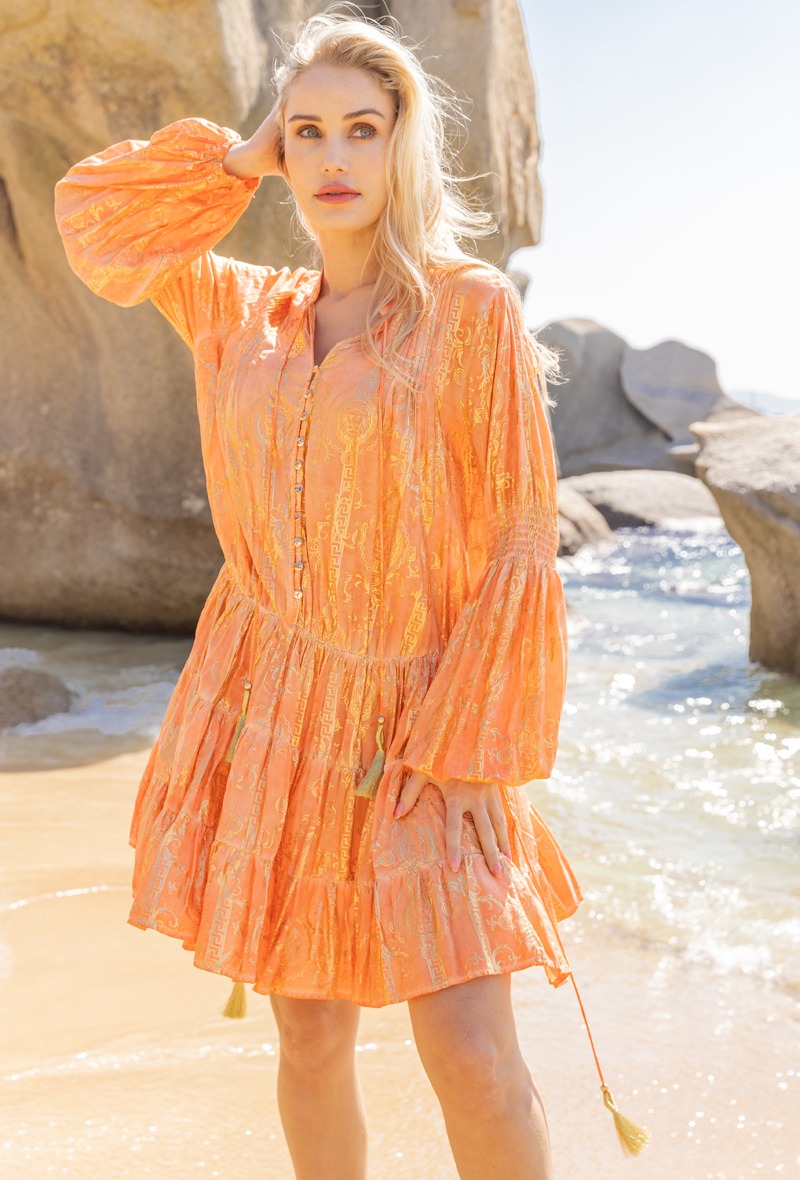 Mayorista Last Queen - Vestido midi estampado con efecto dorado, mangas abullonadas elásticas