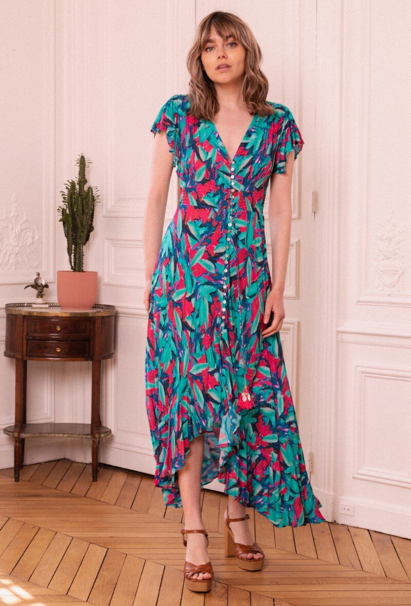 Großhändler Last Queen - Langes Kleid mit Blumendruck, vorne geknöpf