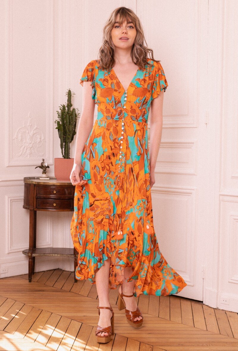 Großhändler Last Queen - Langes Kleid mit Blumendruck, vorne geknöpf