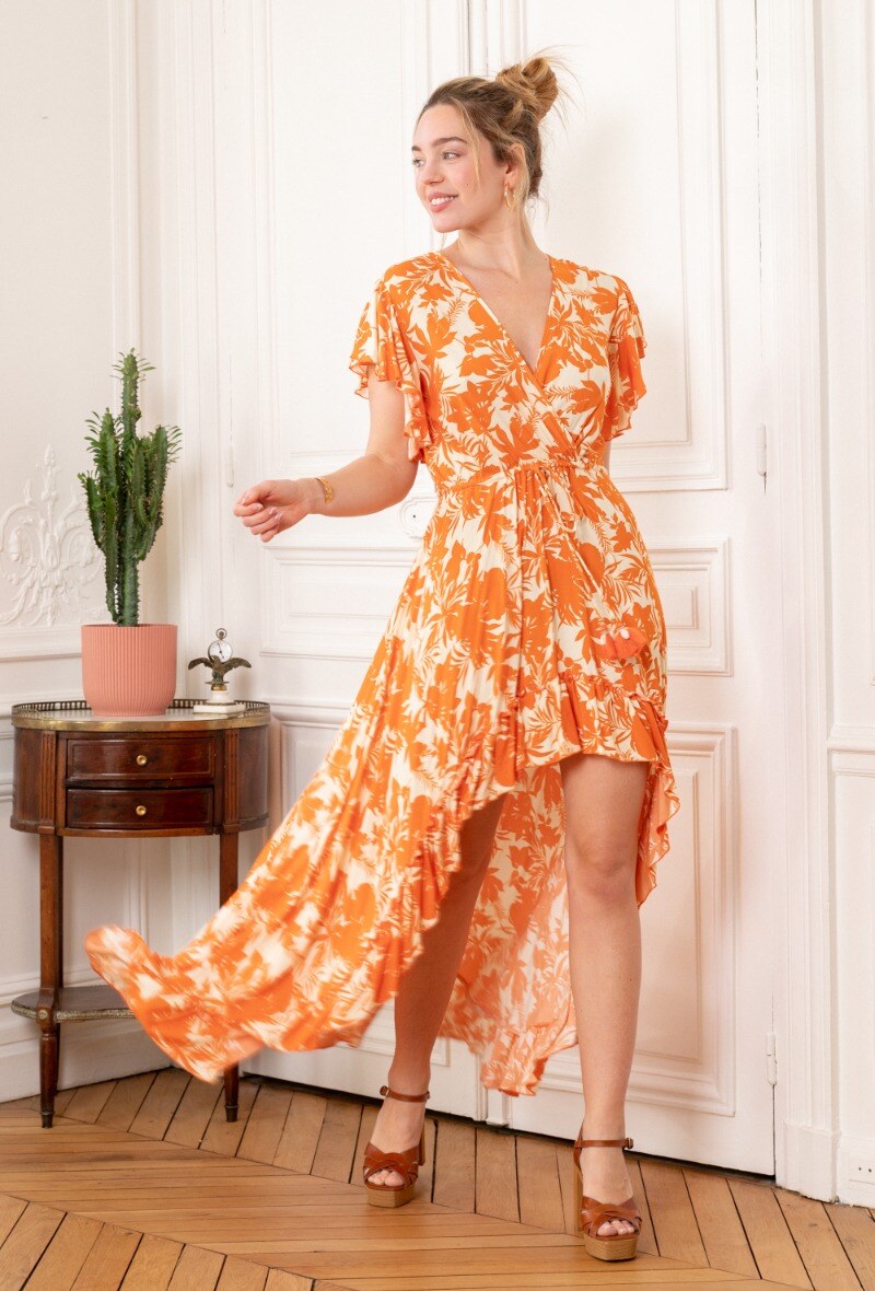 Großhändler LAST QUEEN OUTLET - Tailliertes Wickelkleid mit Blumendruck, Rüschendetail