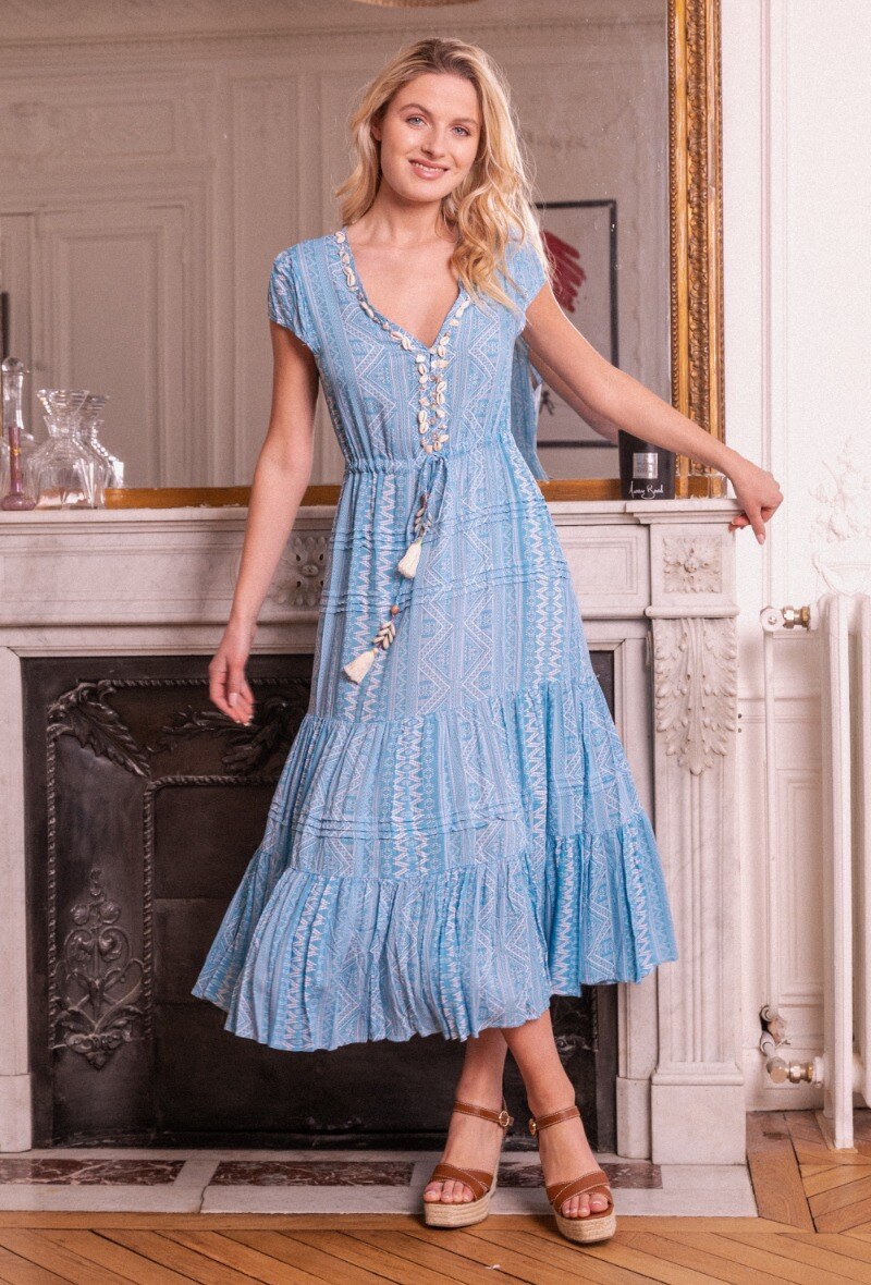 Großhändler LAST QUEEN OUTLET - Langes Kleid mit geometrischem Print, mit Muscheln bestickter V-Ausschnitt