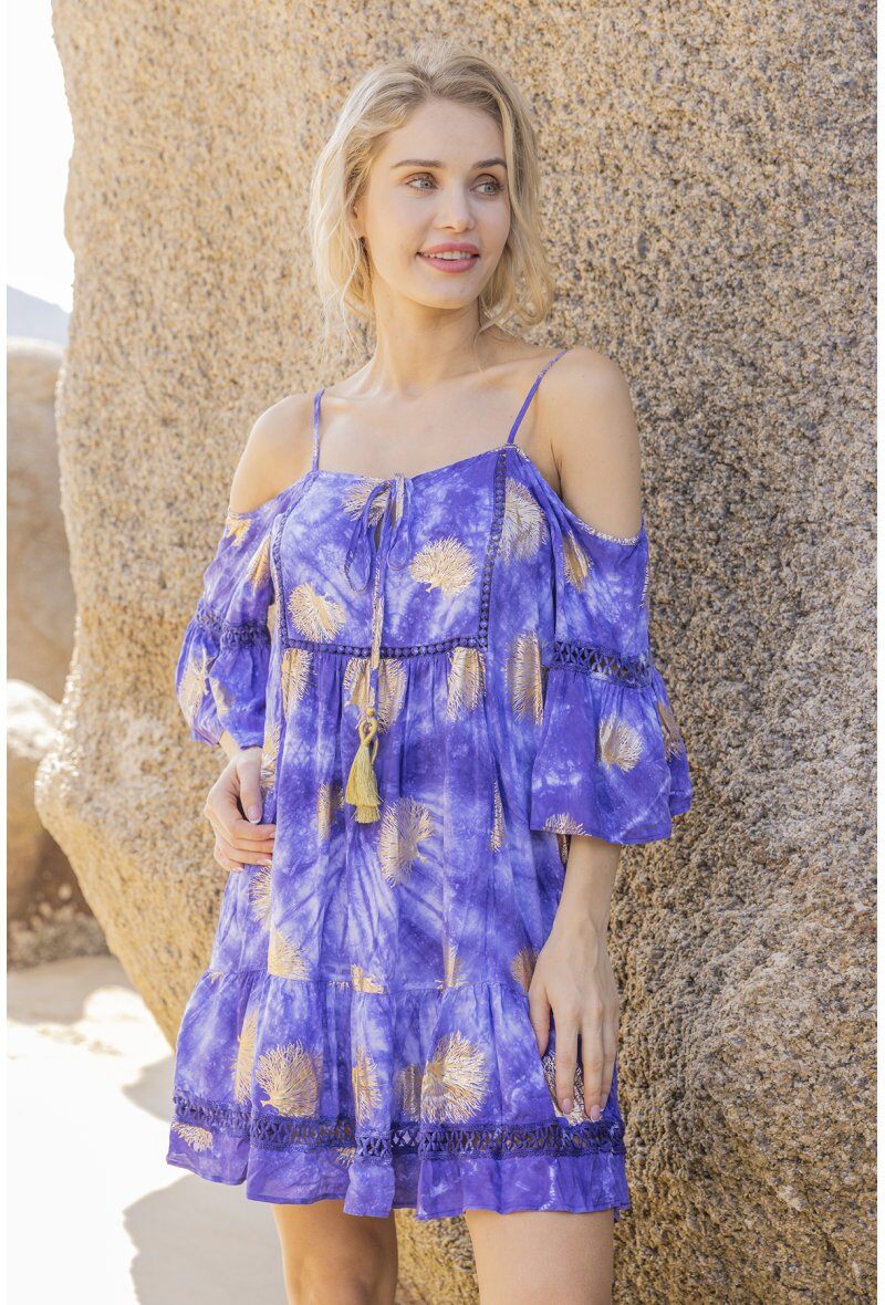 Wholesaler Last Queen - Dress with mercerized floral print, bare shoulders
