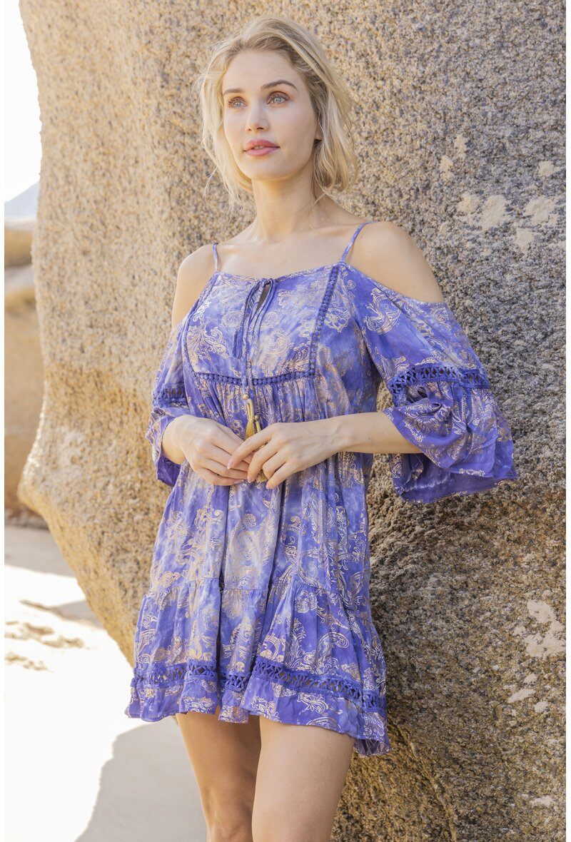 Wholesaler Last Queen - Dress with mercerized floral print, bare shoulders
