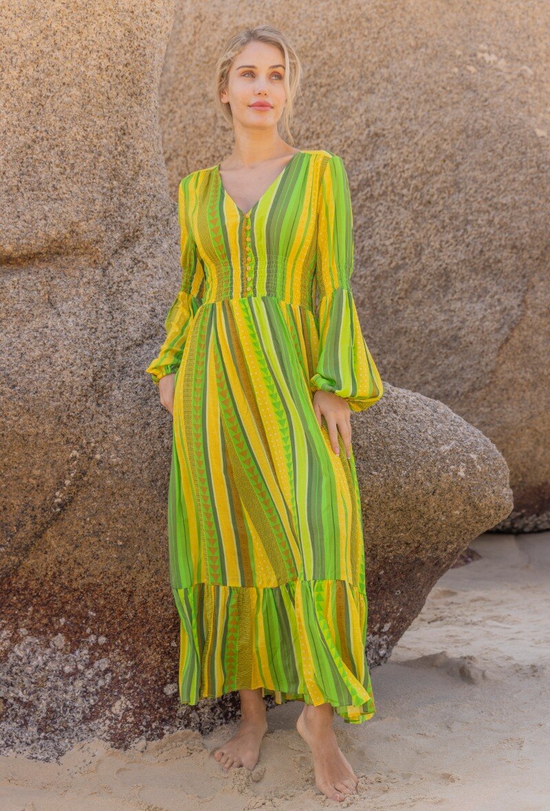 Mayorista LAST QUEEN OUTLET - Vestido largo con estampado bohemio abotonado en la parte delantera, bolsillos invisibles