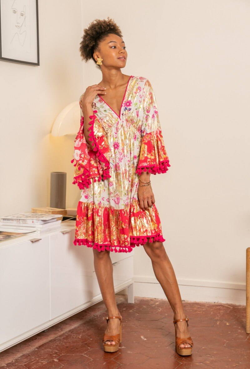 Grossiste Last Queen - Robe tunique à imprimé fleuri à pompon col en V avec effet dorure