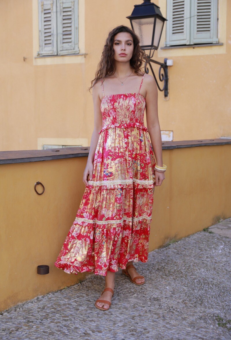 Großhändler Last Queen - Kleid mit dünnen floralen Trägern und Rüschen mit Goldeffekt
