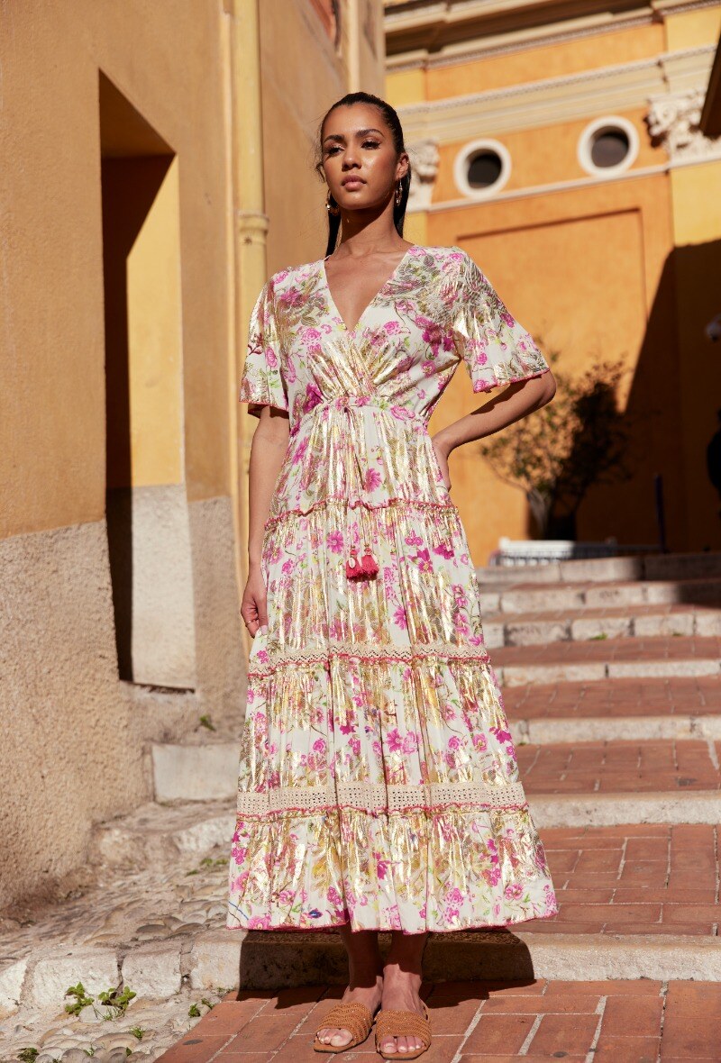 Großhändler Last Queen - Kleid aus Spitze mit Blumenmuster und Gürtel in Goldoptik