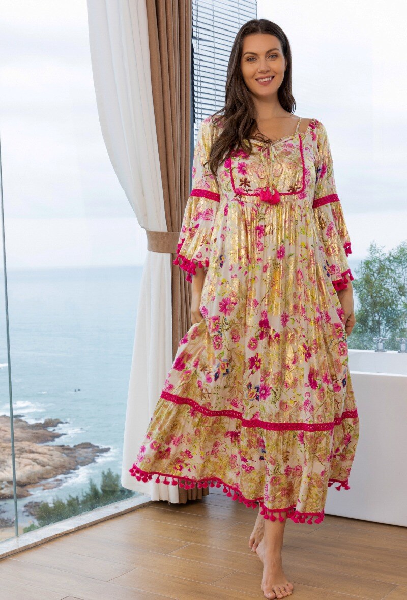 Großhändler Last Queen - Blumen-Spaghettiträgerkleid mit Rüschenknoten-Bommel mit Goldeffekt