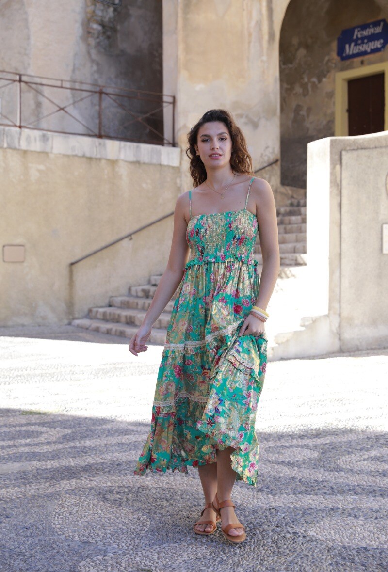 Großhändler Last Queen - Kleid mit dünnen floralen Trägern und Rüschen mit Goldeffekt