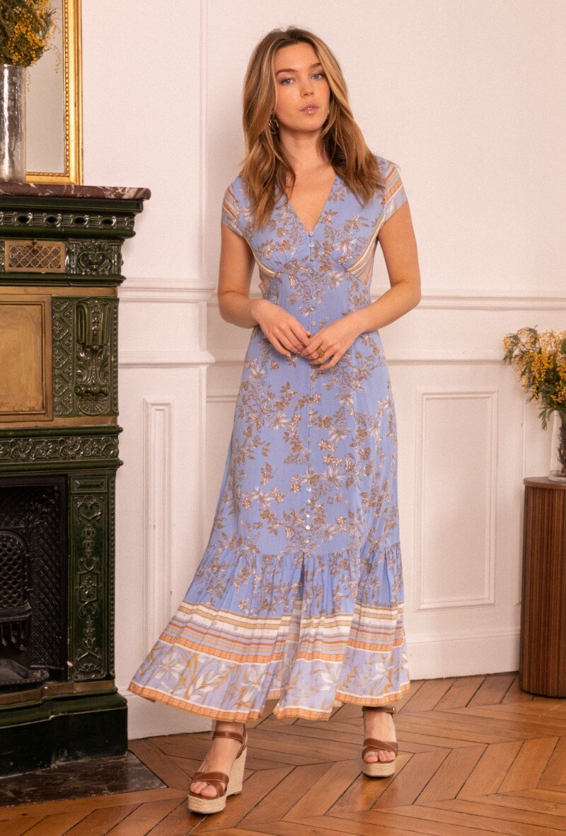 Großhändler Last Queen - Langes geknöpftes Kleid im Print mit V-Ausschnitt und Flügelärmeln, mit Schlitz