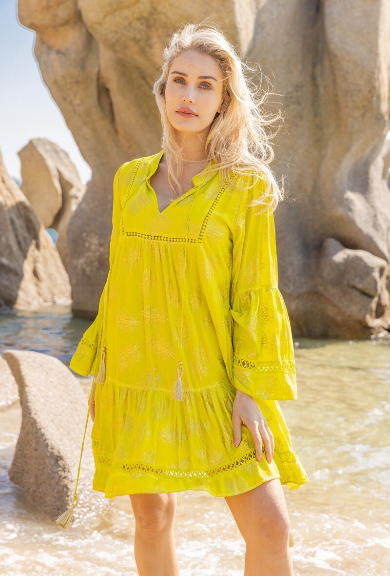 Wholesaler Last Queen - Mid-length dress printed with gold effect, flared sleeves